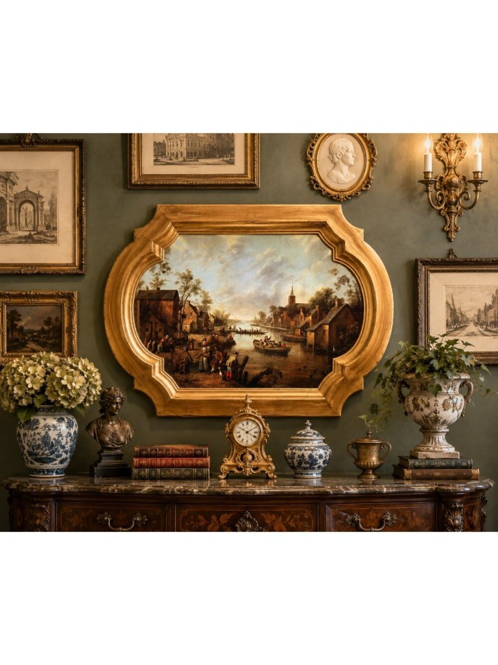 Vintage Italian Framed Dutch Canal Village Print French Tuscan Gold Resin Tray